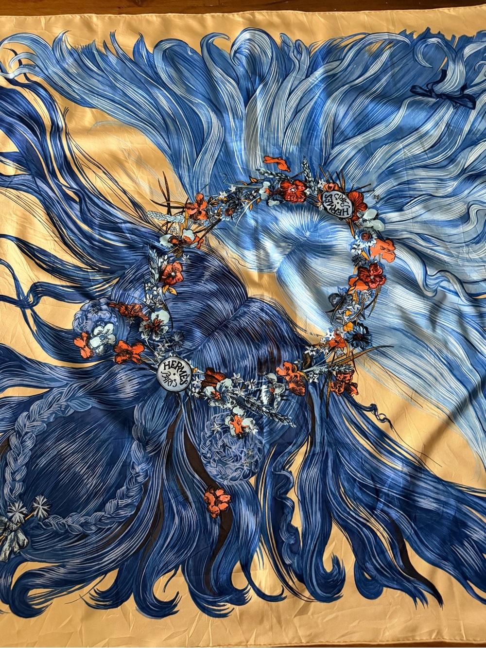 Hermès Eva Blue Floral Goddess Silk Scarf.